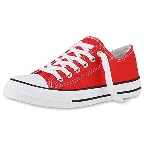 VAN HILL Damen Sneaker Low Bequeme Schnürschuhe Flache Freizeit Schuhe Schnürer Stoffschuhe 212553 Rot 36 von VAN HILL