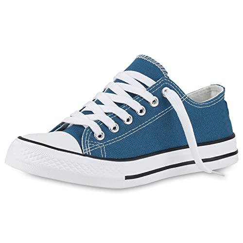 VAN HILL Damen Sneaker Low Bequeme Schnürschuhe Flache Freizeit Schuhe Schnürer Stoffschuhe 212562 Petrol 36 von VAN HILL