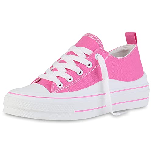 VAN HILL Damen Sneaker Low Bequeme Schnürschuhe Flache Schuhe Freizeit Canvas Schnürer Stoffschuhe 210729 Fuchsia 36 von VAN HILL