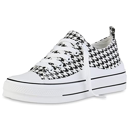 VAN HILL Damen Sneaker Low Bequeme Schnürschuhe Flache Schuhe Freizeit Canvas Schnürer Stoffschuhe 210734 Schwarz Weiss Muster 37 von VAN HILL