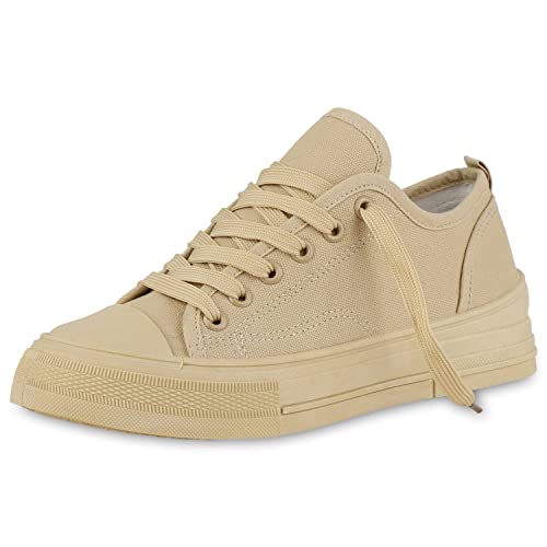 VAN HILL Damen Sneaker Low Bequeme Schuhe Flache Schnürer Basic Freizeitschuhe Schnürschuhe Stoffschuhe 212394 Khaki 38 von VAN HILL