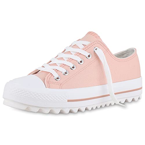 VAN HILL Damen Sneaker Low Bequeme Schuhe Flache Schnürer Profilsohle Freizeit Schnürschuhe 210902 Lachs 37 von VAN HILL