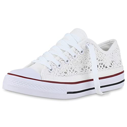 VAN HILL Damen Sneaker Low Bequeme Schuhe Flache Schnürer Spitze Freizeitschuhe Stoff Schnürschuhe Stoffschuhe 212515 Weiss 38 von VAN HILL