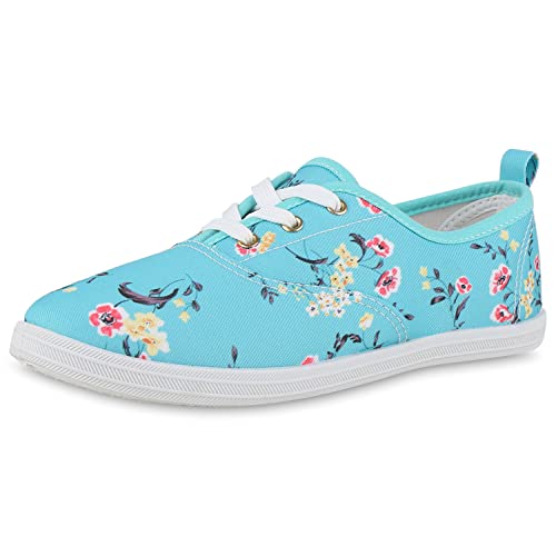 VAN HILL Damen Sneaker Low Bequeme Schuhe Schnürer Flache Stoffschuhe Freizeit Schnürschuhe 212444 Türkis Pink Muster 40 von VAN HILL