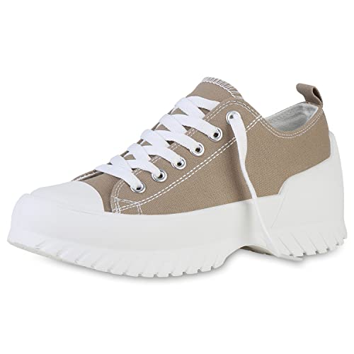 VAN HILL Damen Sneaker Low Blockabsatz Schuhe Freizeit Schnürer Profilsohle Schnürschuhe Stoffschuhe 211879 Khaki 36 von VAN HILL