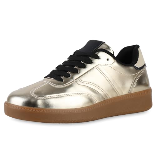 VAN HILL Damen Sneaker Low Flach Basic Bequem Schuhe 215159 Gold 39 von VAN HILL