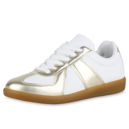 VAN HILL Damen Sneaker Low Flach Basic Bequem Schuhe 215377 Gold 40 von VAN HILL