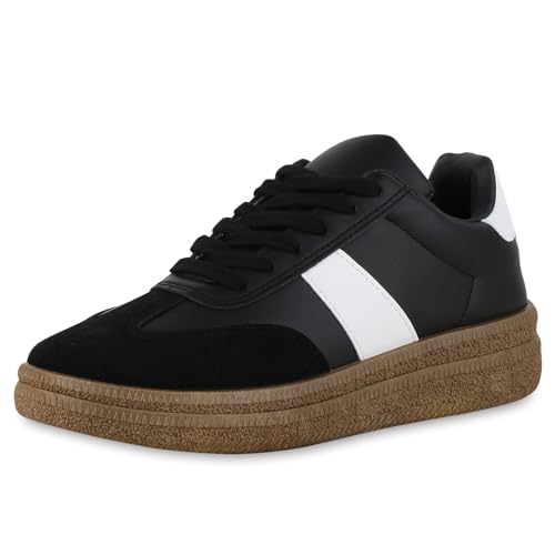 VAN HILL Damen Sneaker Low Flach Basic Bequem Schuhe 215909 Schwarz Weiss 39 von VAN HILL
