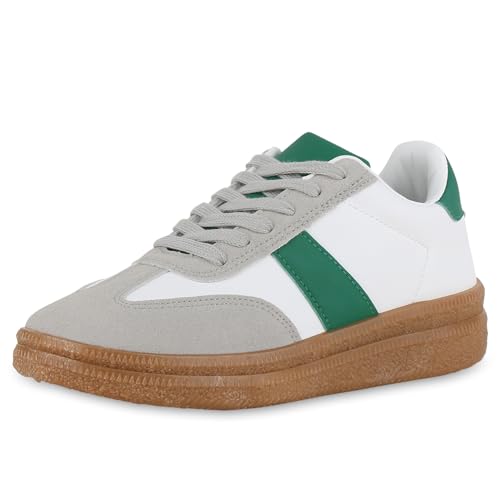 VAN HILL Damen Sneaker Low Flach Basic Bequem Schuhe 215912 Weiss Grün 39 von VAN HILL