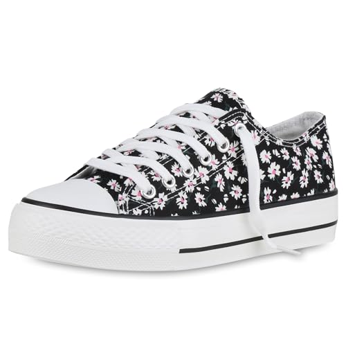 VAN HILL Damen Sneaker Low Flach Blumen Bequem Schuhe 215607 Schwarz 39 von VAN HILL