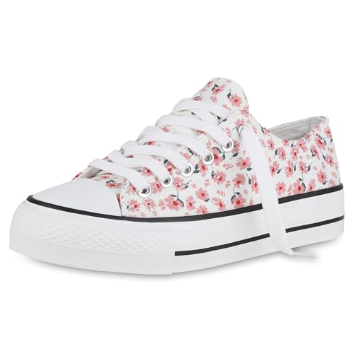 VAN HILL Damen Sneaker Low Flach Blumen Bequem Schuhe 215608 Rosa 37 von VAN HILL