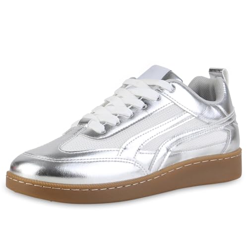 VAN HILL Damen Sneaker Low Flach Metallic Bequem Schuhe 216644 Silber 40 von VAN HILL