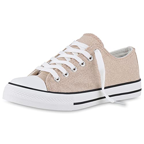 VAN HILL Damen Sneaker Low Flache Stoffschuhe Bequeme Schnürer Freizeit Schuhe Glitzer Schnürschuhe 212508 Rose Gold 39 von VAN HILL