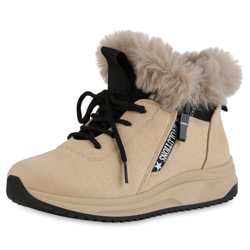 VAN HILL Damen Sneaker Low Keilabsatz Kunstfell Bequem Schuhe 216265 Khaki 37 von VAN HILL