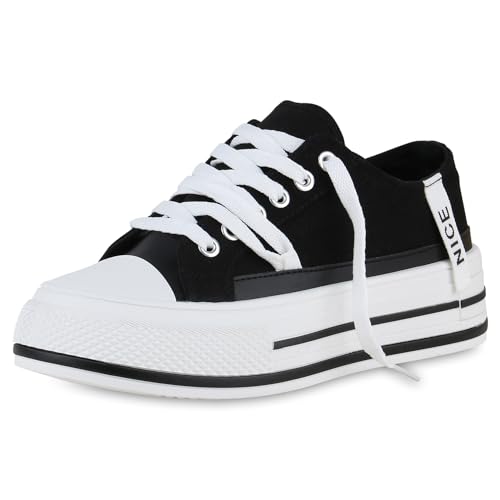 VAN HILL Damen Sneaker Low Keilabsatz Prints Trendy Schuhe 214593 Schwarz 38 von VAN HILL