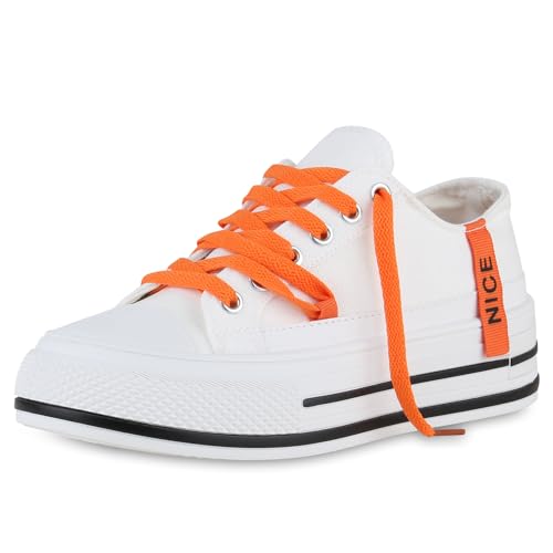 VAN HILL Damen Sneaker Low Keilabsatz Prints Trendy Schuhe 214595 Weiss Orange 37 von VAN HILL