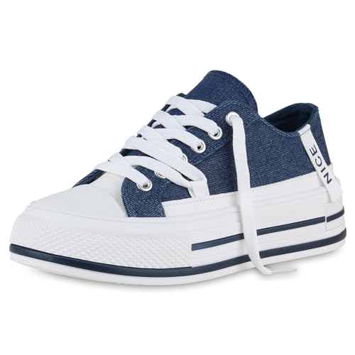 VAN HILL Damen Sneaker Low Keilabsatz Prints Trendy Schuhe 214597 Dunkelblau Denim 37 von VAN HILL