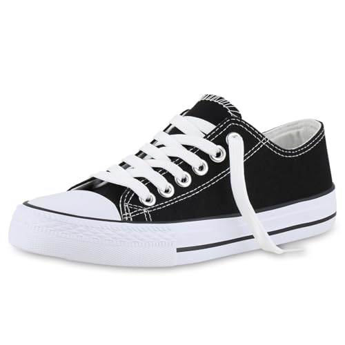 VAN HILL Damen Sneaker Low Schnürer Bequeme Basic Stoff Freizeit Schuhe 215936 Schwarz Weiss 36 von VAN HILL