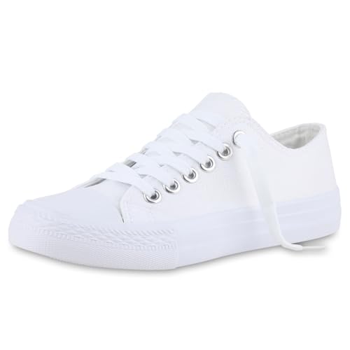 VAN HILL Damen Sneaker Low Schnürer Bequeme Basic Stoff Freizeit Schuhe 215938 Weiss 38 von VAN HILL