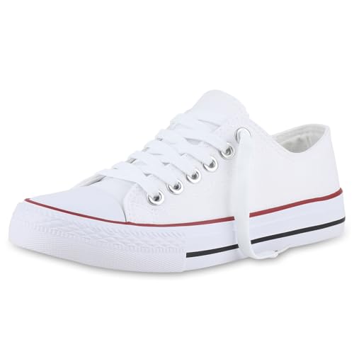 VAN HILL Damen Sneaker Low Schnürer Bequeme Basic Stoff Freizeit Schuhe 215939 Weiss Rot 36 von VAN HILL