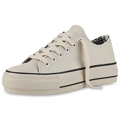 VAN HILL Damen Sneaker Low Stoff Schuhe Plateau Schnürer Basic Freizeitschuhe Schnürschuhe Plateauschuhe 212484 Beige 37 von VAN HILL