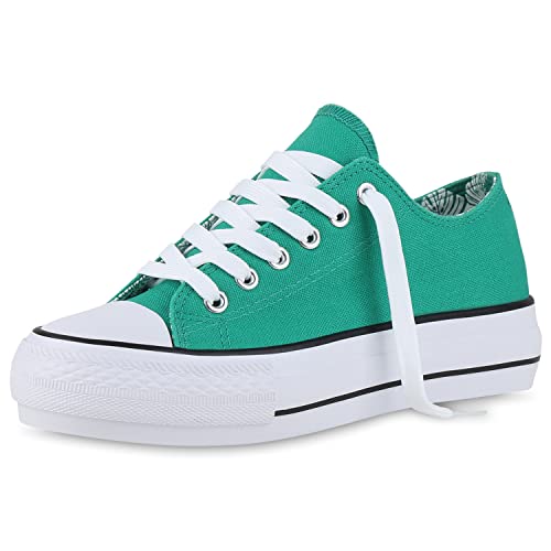 VAN HILL Damen Sneaker Low Stoff Schuhe Plateau Schnürer Basic Freizeitschuhe Schnürschuhe Plateauschuhe 212485 Grün 36 von VAN HILL