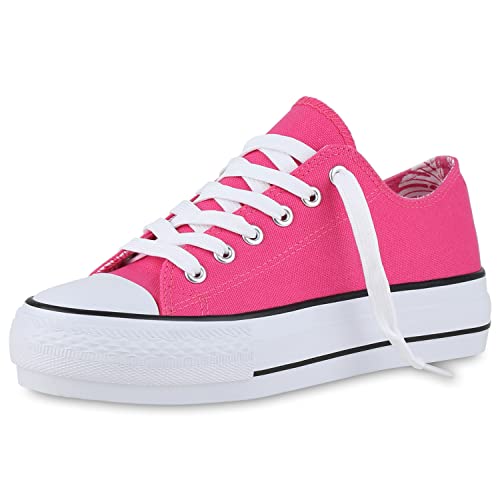 VAN HILL Damen Sneaker Low Stoff Schuhe Plateau Schnürer Basic Freizeitschuhe Schnürschuhe Plateauschuhe 212587 Pink 36 von VAN HILL