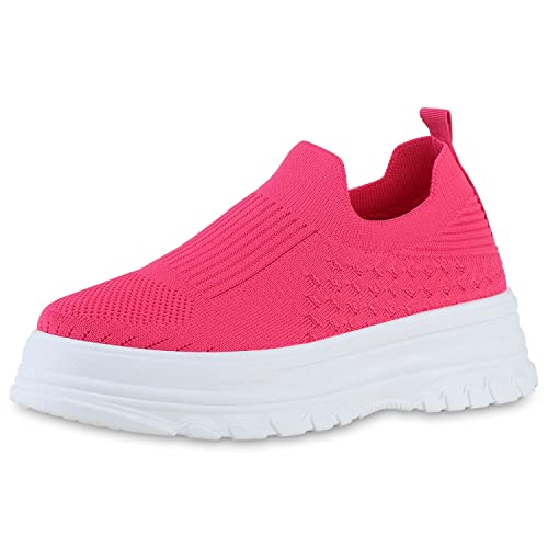 VAN HILL Damen Sneaker Slip Ons Schuhe Blockabsatz Slippers Strick Freizeitschuhe Plateau Vorne Stoff Schlupfschuhe 212139 Fuchsia 38 von VAN HILL