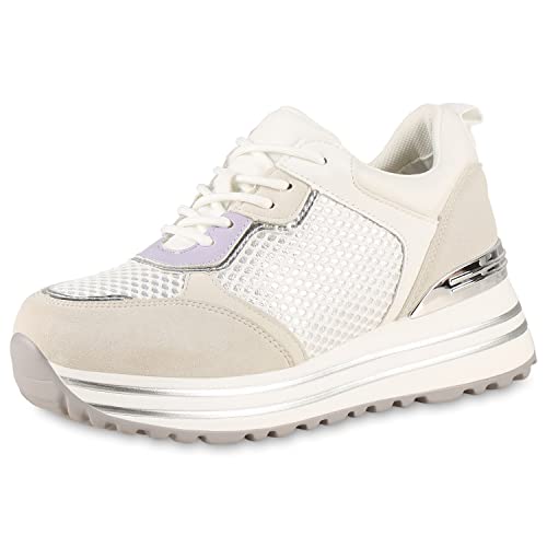 VAN HILL Damen Sneaker Wedges Keilabsatz Schuhe Freizeit Schnürer Profilsohle Metallic Schnürschuhe Plateau Vorne Keilsneaker 203707 Weiss Hellgrau 39 von VAN HILL