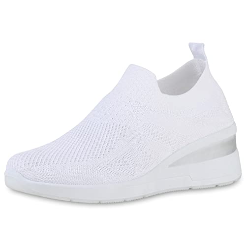 VAN HILL Damen Sneaker Wedges Keilabsatz Schuhe Profilsohle Keilsneaker Strick Freizeit Stoffschuhe 211383 Weiss Trendy 38 von VAN HILL