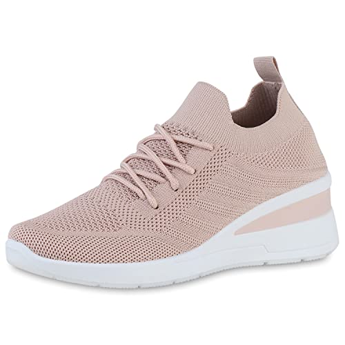 VAN HILL Damen Sneaker Wedges Keilabsatz Schuhe Strick Schnürer Profilsohle Keilsneaker Freizeitschuhe Schnürschuhe 211389 Altrosa 39 von VAN HILL