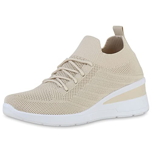 VAN HILL Damen Sneaker Wedges Keilabsatz Schuhe Strick Schnürer Profilsohle Keilsneaker Freizeitschuhe Schnürschuhe 211391 Beige 40 von VAN HILL