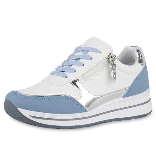 VAN HILL Damen Sneaker Wedges Keilabsatz Zipper Bequem Schuhe 214806 Weiss Blau Silber Metallic Bequem 40 von VAN HILL