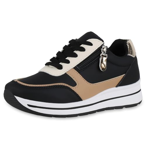 VAN HILL Damen Sneaker Wedges Keilabsatz Zipper Bequem Schuhe 214807 Schwarz Hellbraun Gold Metallic Bequem 40 von VAN HILL