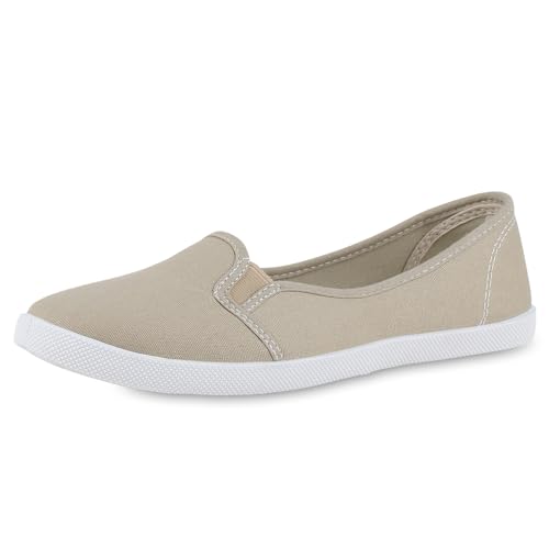 VAN HILL Damen Sneakers Ballerinas Stoffschuhe Flats Basic Slipper 49572 Khaki 36 von VAN HILL