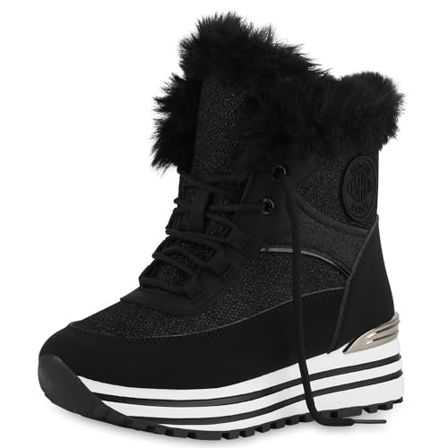 VAN HILL Damen Sneakerstiefel Keilabsatz Kunstfell Trendy Schuhe 213543 Schwarz 37 von VAN HILL