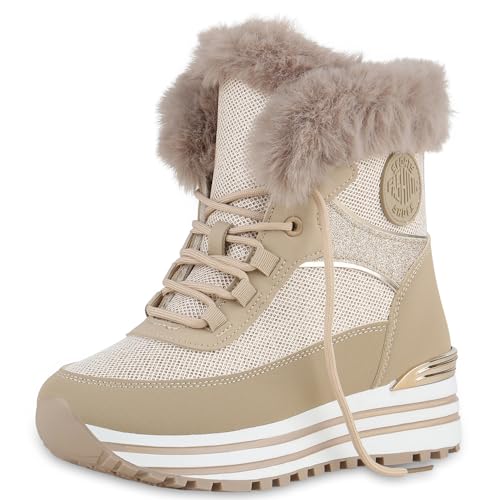 VAN HILL Damen Sneakerstiefel Keilabsatz Kunstfell Trendy Schuhe 213546 Khaki Gold Metallic 40 von VAN HILL