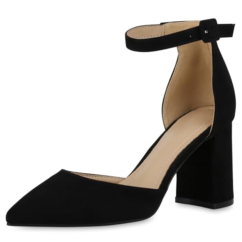 VAN HILL Damen Spitze Pumps Blockabsatz Basic Klassisch Schuhe 216154 Schwarz Velours 41 von VAN HILL