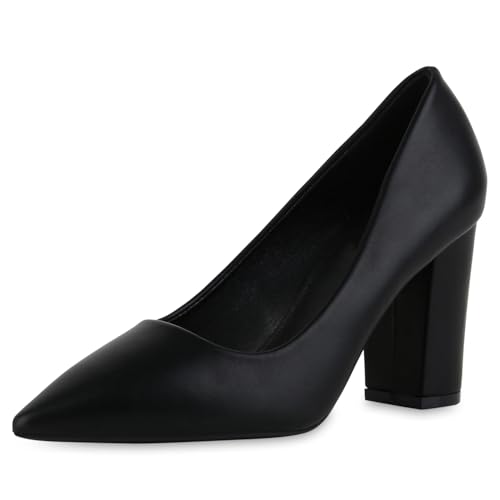 VAN HILL Damen Spitze Pumps Blockabsatz Basic Klassisch Schuhe 216230 Schwarz 40 von VAN HILL
