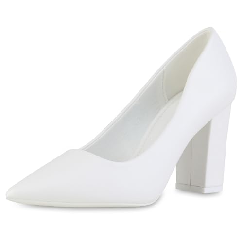 VAN HILL Damen Spitze Pumps Blockabsatz Basic Klassisch Schuhe 216231 Weiss 40 von VAN HILL