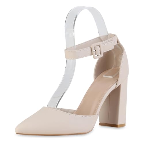 VAN HILL Damen Spitze Pumps Blockabsatz Basic Klassisch Schuhe 216273 Beige 40 von VAN HILL