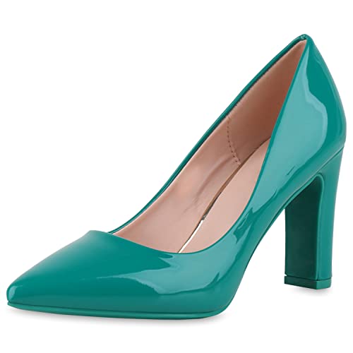 VAN HILL Damen Spitze Pumps Blockabsatz High Heels Party Schuhe Elegante Abendschuhe Lack Absatzschuhe 211158 Grün Lack 36 von VAN HILL