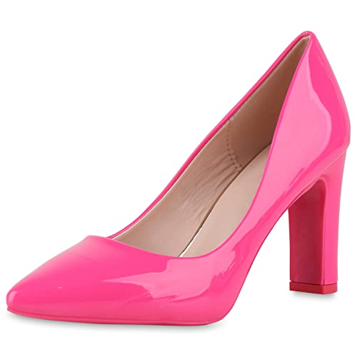 VAN HILL Damen Spitze Pumps Blockabsatz High Heels Party Schuhe Elegante Abendschuhe Lack Absatzschuhe 211159 Fuchsia Lack 38 von VAN HILL