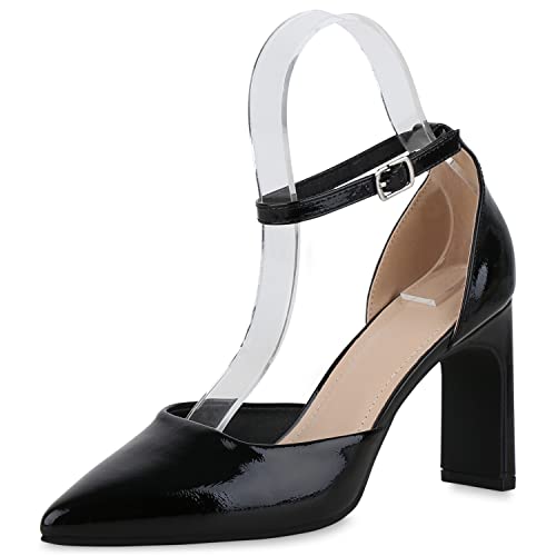 VAN HILL Damen Spitze Pumps Blockabsatz Lack Klassisch Schuhe 840463 212834 Schwarz Lack 41 von VAN HILL