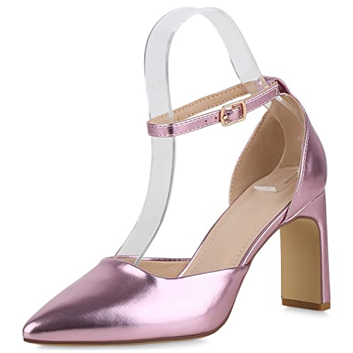 VAN HILL Damen Spitze Pumps Blockabsatz Lack Klassisch Schuhe 840463 212836 Pink Metallic 38 von VAN HILL