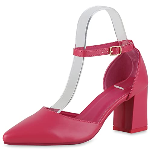 VAN HILL Damen Spitze Pumps Blockabsatz Schuhe Klassische Basic Partyschuhe Elegante Leder-Optik Abendschuhe 207961 Fuchsia 38 von VAN HILL