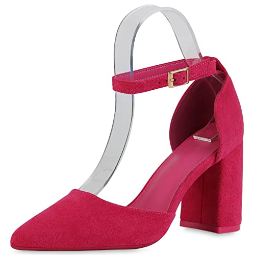 VAN HILL Damen Spitze Pumps Klassische Blockabsatz Schuhe Basic Absatzschuhe Freizeit Veloursleder-Optik High Heels 210026 Fuchsia 38 von VAN HILL