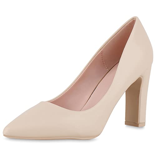 VAN HILL Damen Spitze Pumps Klassische Blockabsatz Schuhe Leder-Optik Absatzschuhe Elegante Abendschuhe 212314 Beige 36 von VAN HILL