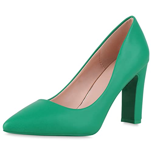 VAN HILL Damen Spitze Pumps Klassische Blockabsatz Schuhe Leder-Optik Absatzschuhe Elegante Abendschuhe 212316 Grün 36 von VAN HILL