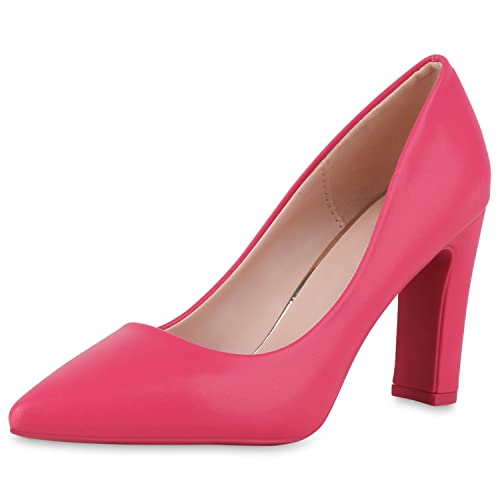 VAN HILL Damen Spitze Pumps Klassische Blockabsatz Schuhe Leder-Optik Absatzschuhe Elegante Abendschuhe 212319 Fuchsia 37 von VAN HILL